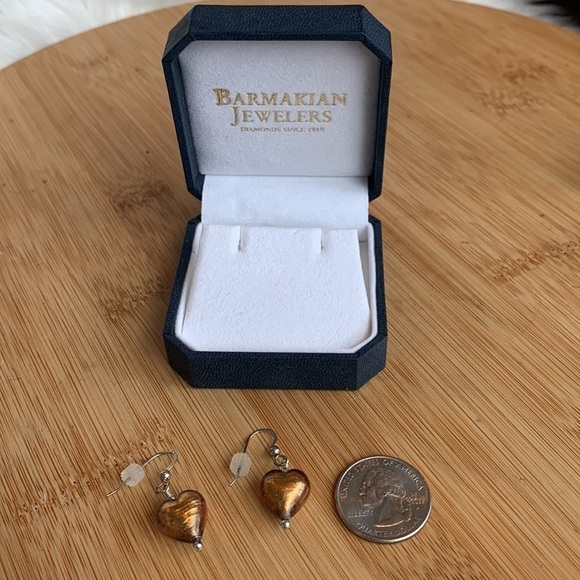 Barmakian Vintage Gold Tone Foil Murano Venetian Glass Heart Dangle Earrings Box - Picture 7 of 11